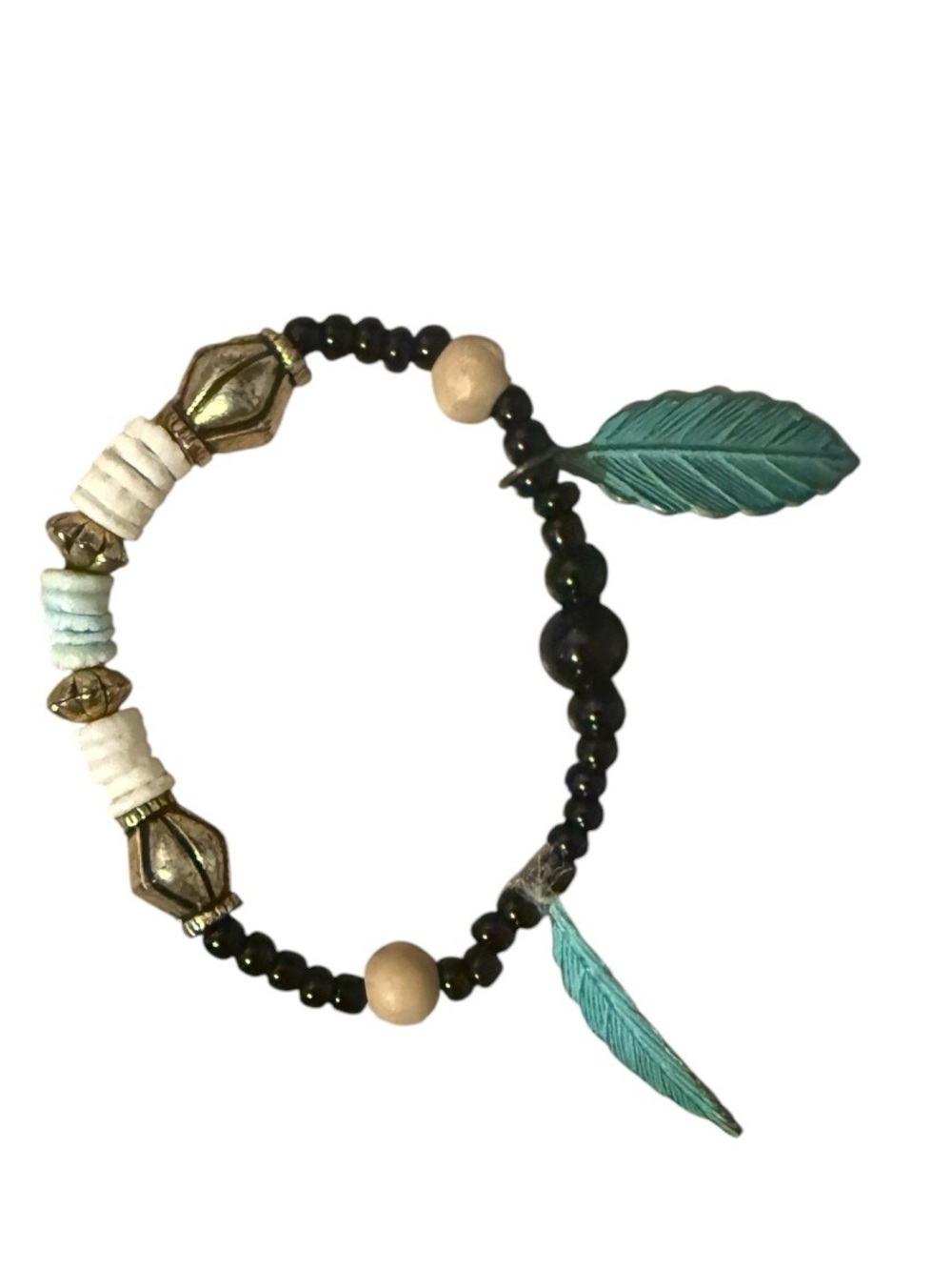 Turquoise Feather Charm Stretch Bracelet with Black Beads